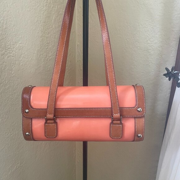 Maxx New York Vintage Salmon Orange Vinyl and Leather Handbag/Baguette/Purse - Picture 1 of 11